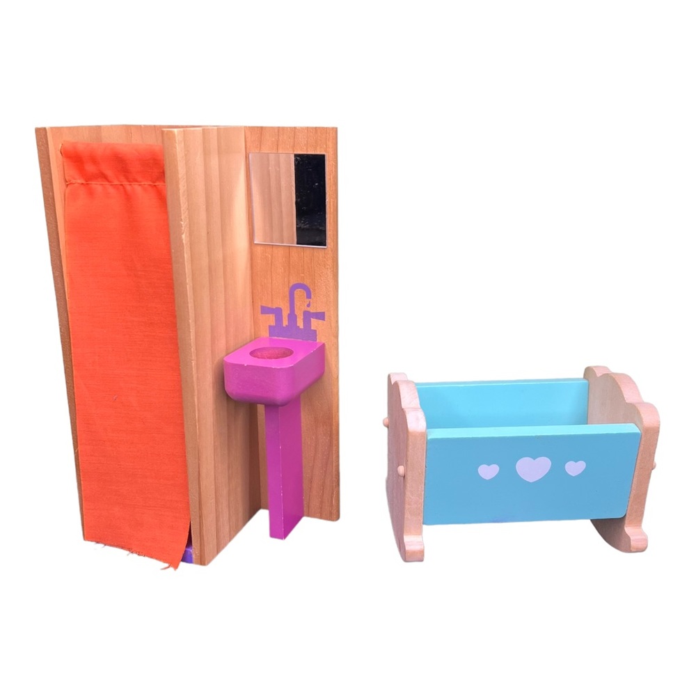 Wooden Dollhouse Furniture (Bathroom & Baby Crib)